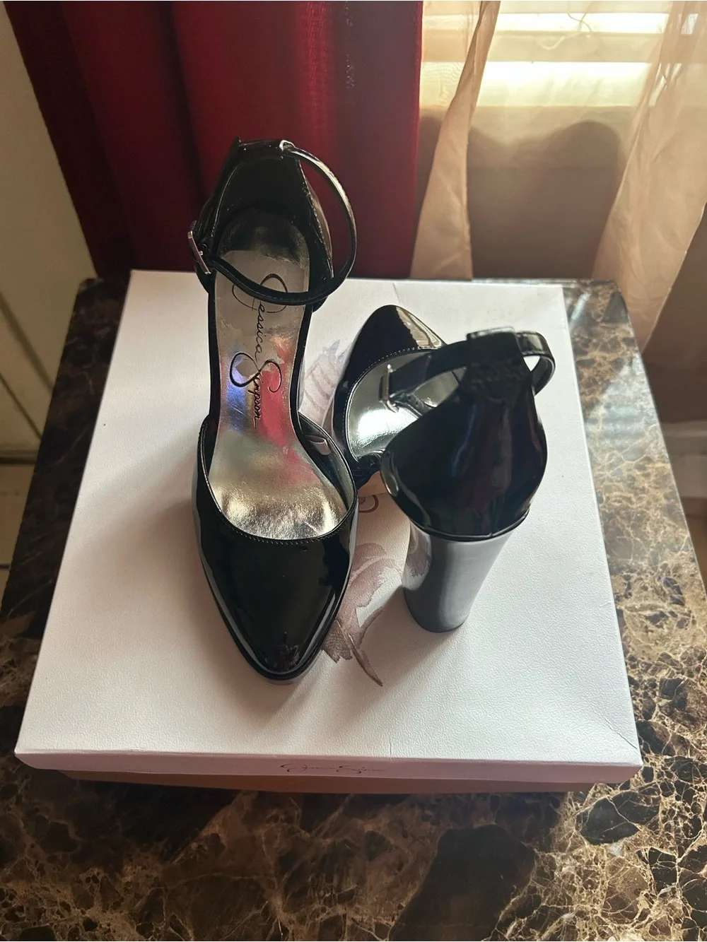 Jessica Simpson Black Patent Pointed-Toe Ankle-Strap Heels